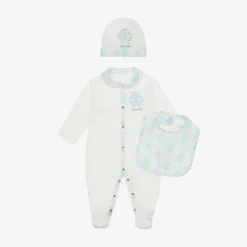 Roberto Cavalli Babysuits*Ivory & Blue Cotton Monogram Babysuit Set