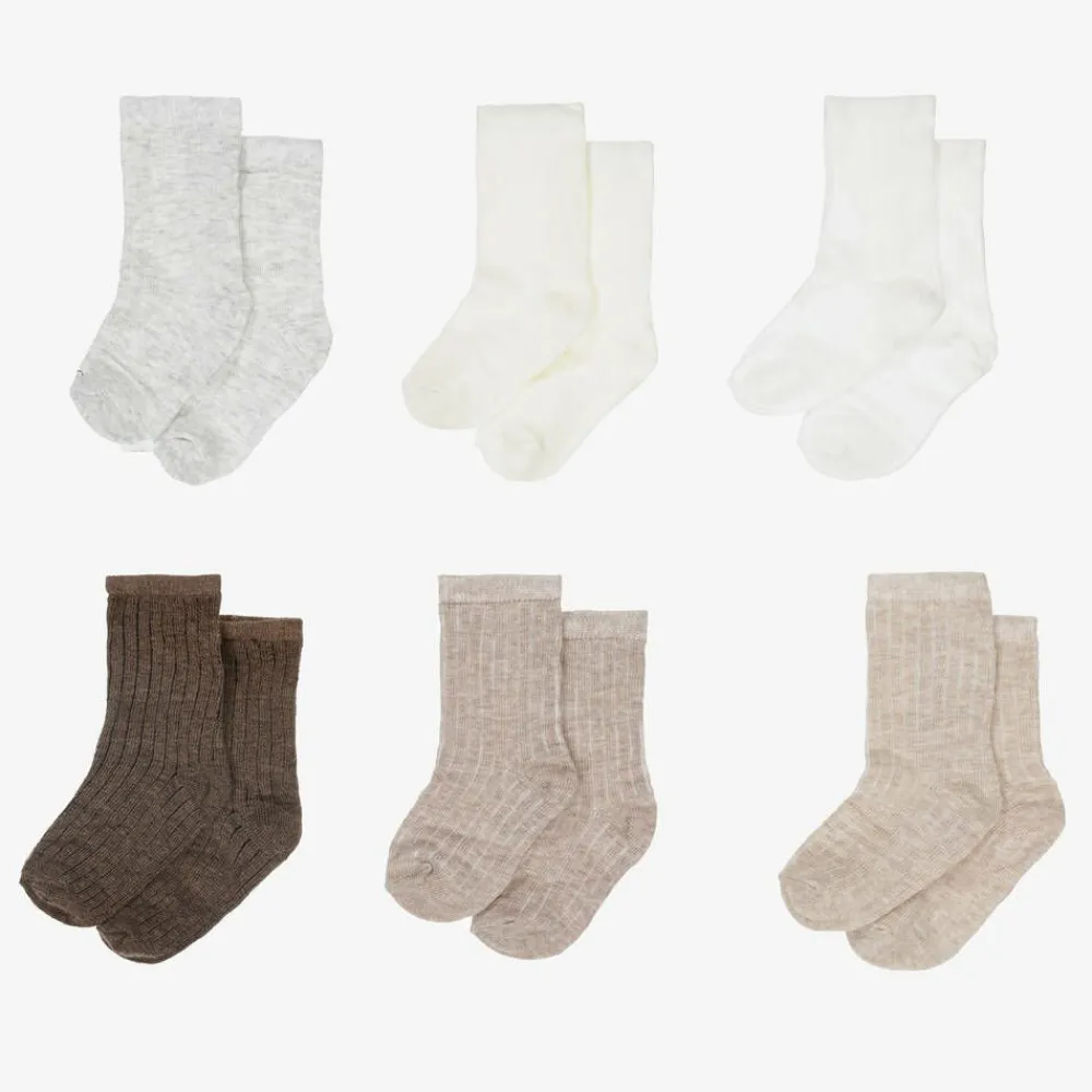 Mayoral Newborn Socks|Socks*Ivory & Brown Cotton Baby Socks (6 Pack)