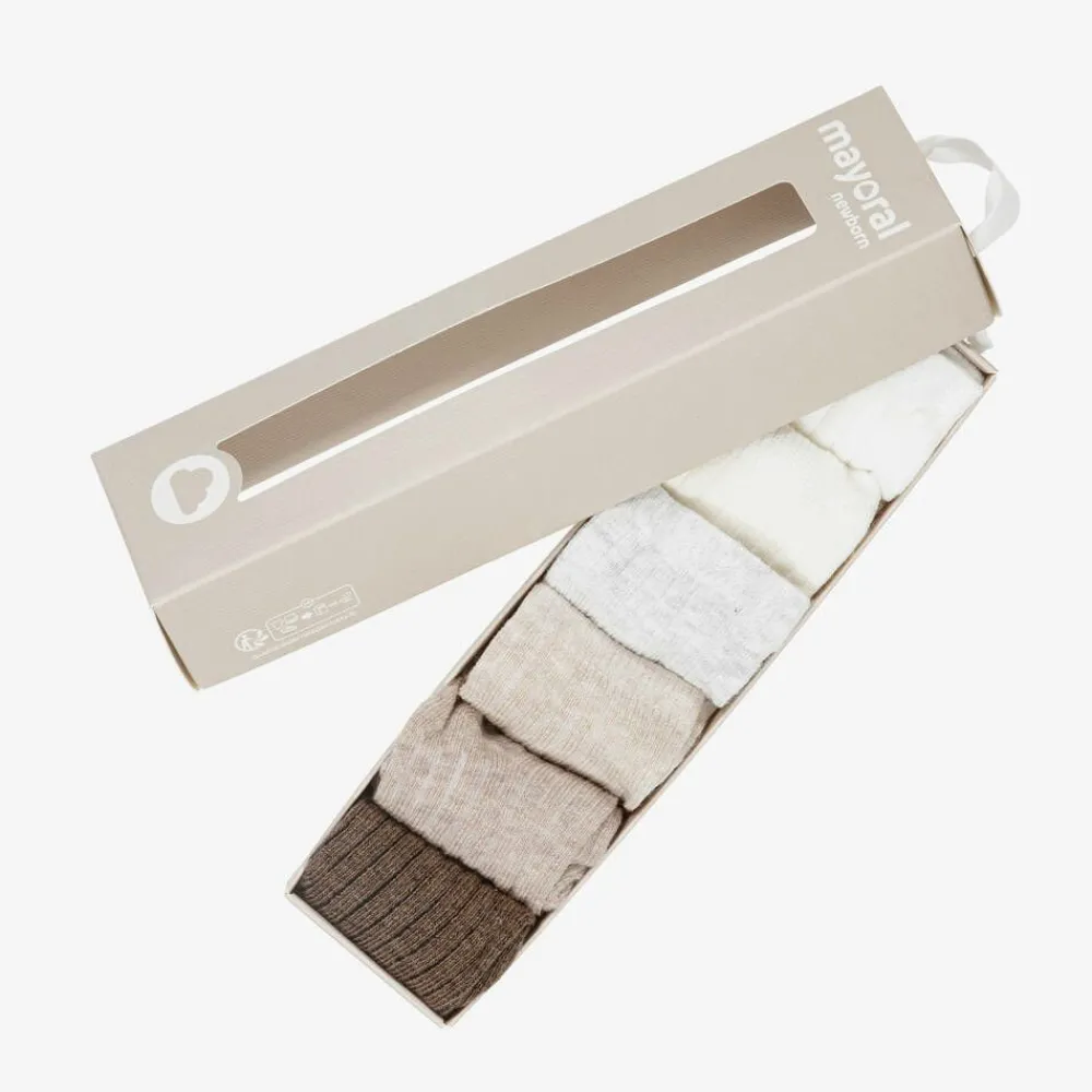 Mayoral Newborn Socks|Socks*Ivory & Brown Cotton Baby Socks (6 Pack)