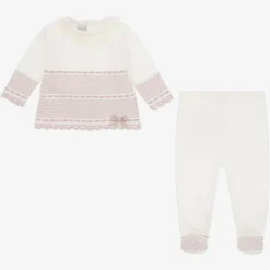 Paz Rodríguez Gifts|Babysuits*Ivory & Pink Merino Wool Knitted 2 Piece Babygrow