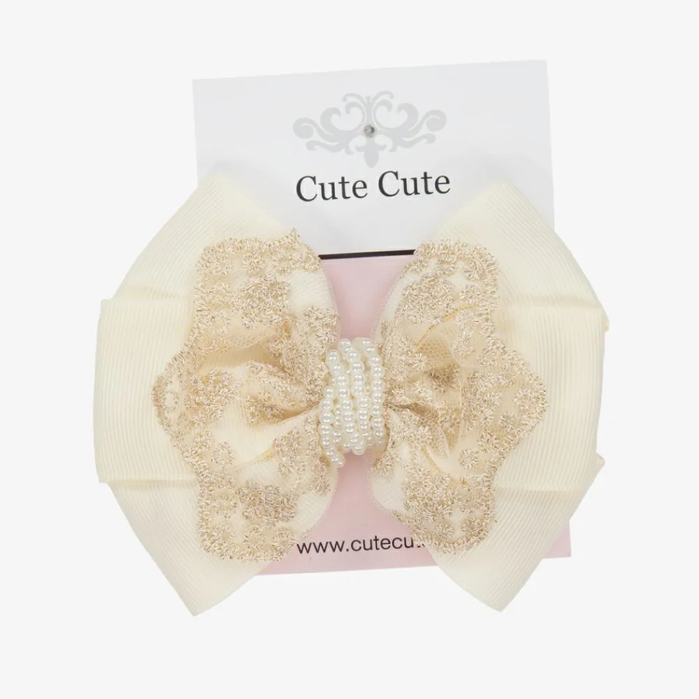 Cute Cute Hair Accessories*Ivory & Gold Bow Clip (11cm)
