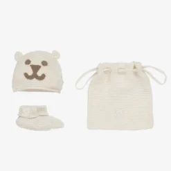 Guess Hats*Ivory Cotton Knit Baby Hat & Booties Set