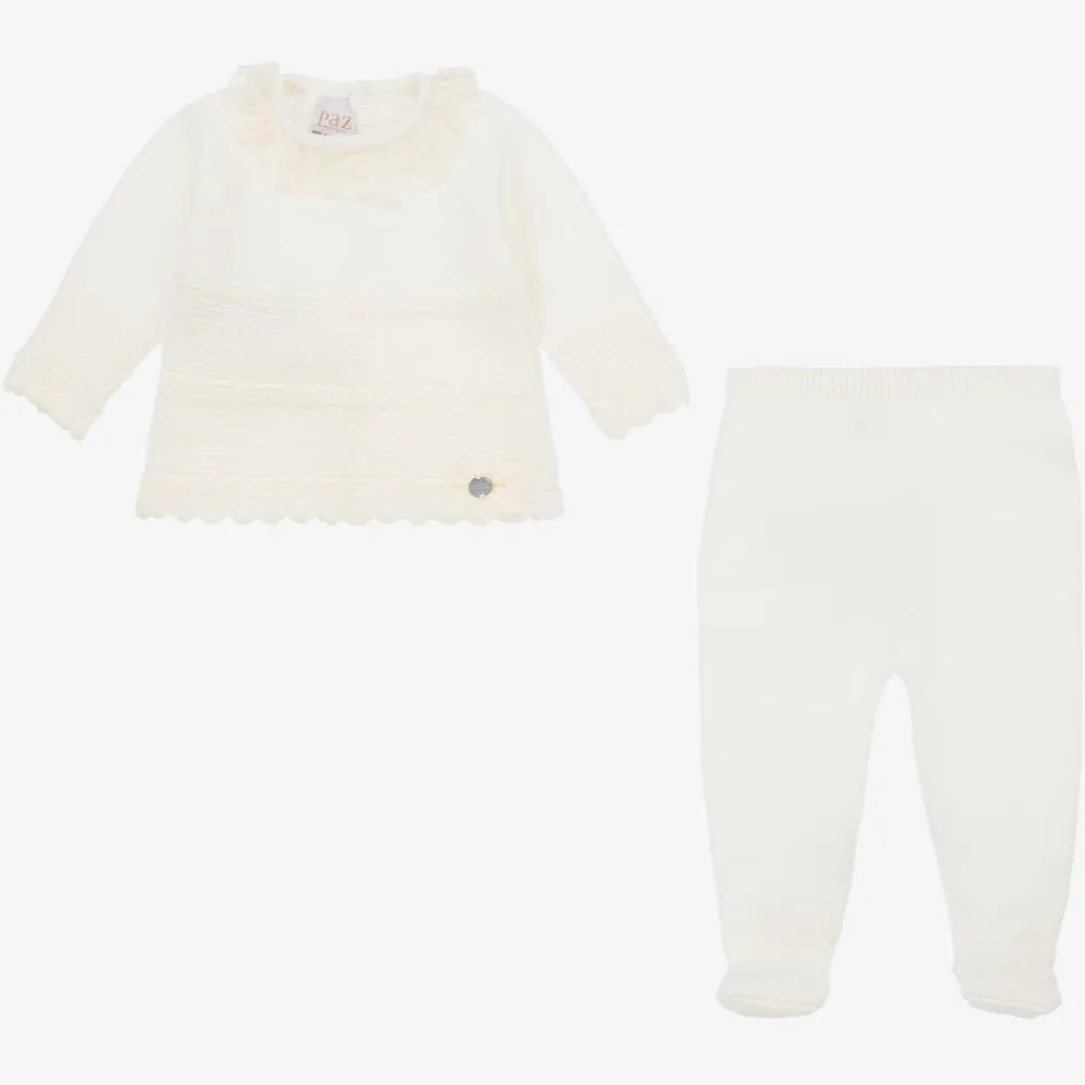Paz Rodríguez Gifts|Babysuits*Ivory Merino Wool Knitted 2 Piece Babygrow