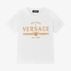 Versace Tops*Junior White & Gold Logo Cotton T-Shirt