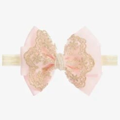 Cute Cute Hair Accessories*Large Pink Bow with Gold Lace & Pearls Headband