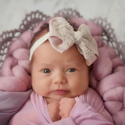 Cute Cute Hair Accessories*Large Pink Bow with Gold Lace & Pearls Headband