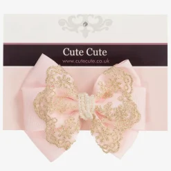 Cute Cute Hair Accessories*Large Pink Bow with Gold Lace & Pearls Headband
