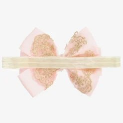 Cute Cute Hair Accessories*Large Pink Bow with Gold Lace & Pearls Headband