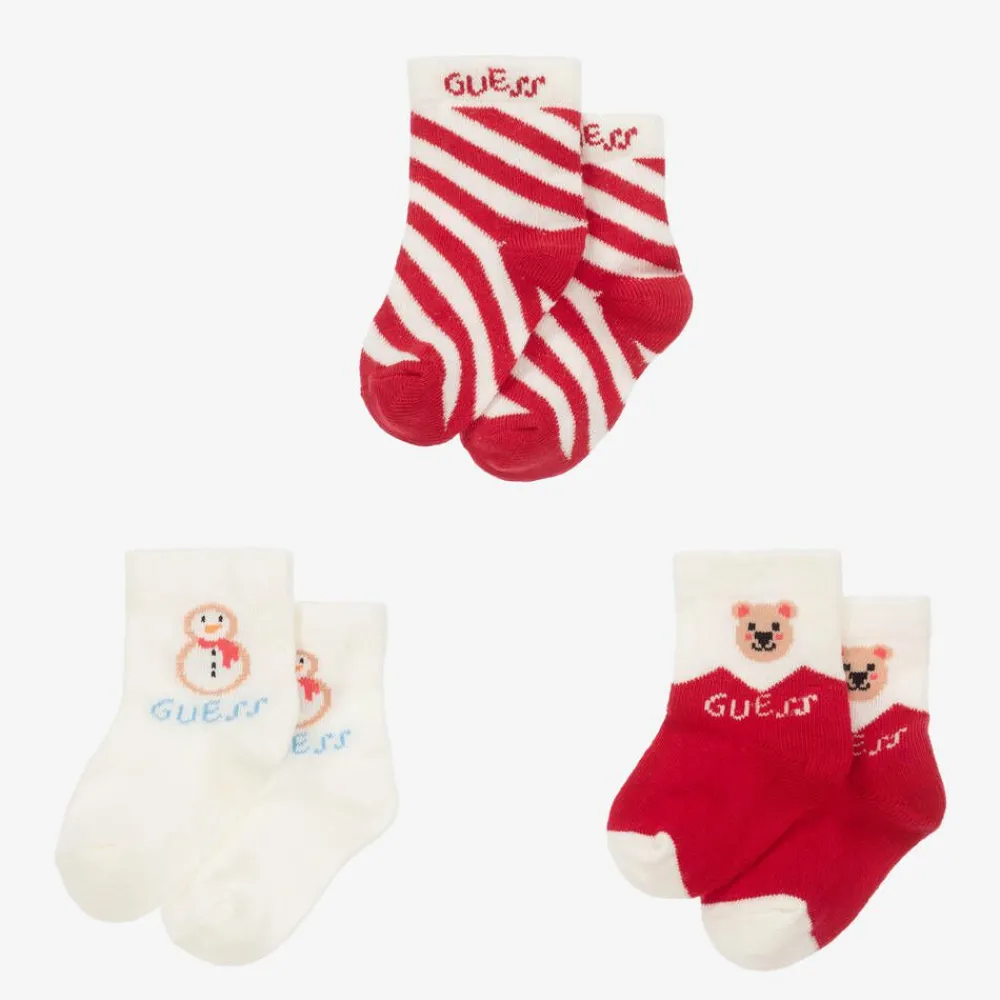 Guess Socks|Socks*Red & Ivory Cotton Baby Socks (3 Pack)