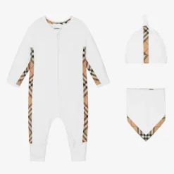 Burberry Gifts|Babysuits*White Cotton Check Babysuit Gift Set