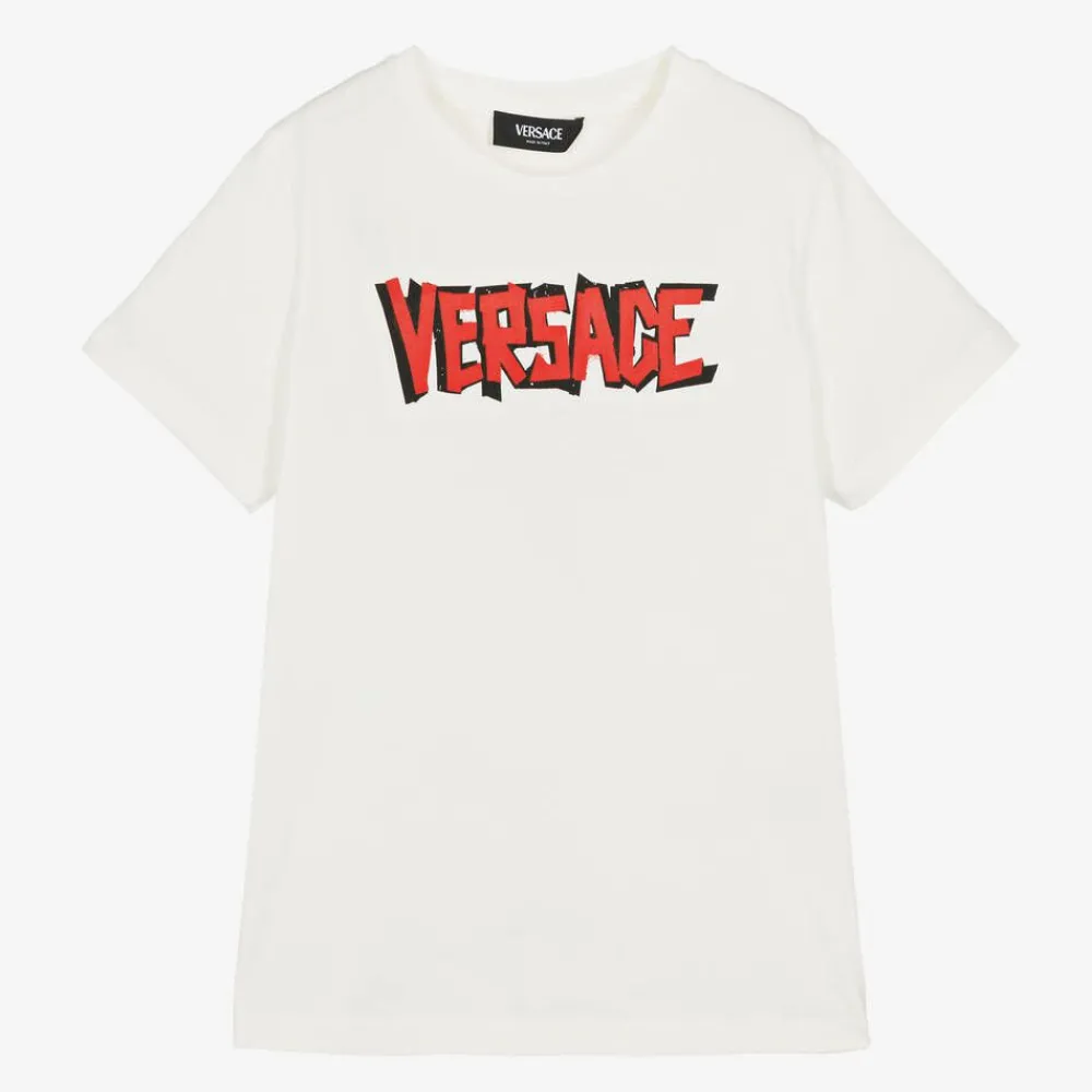 Versace Tops*White Cotton Graphic Logo T-Shirt