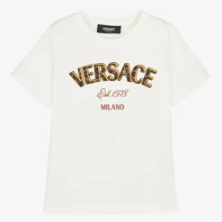 Versace Tops*White Cotton Leopard Print Logo T-Shirt