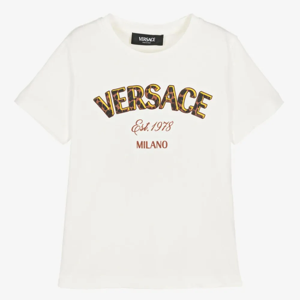 Versace Tops*White Cotton Leopard Print Logo T-Shirt