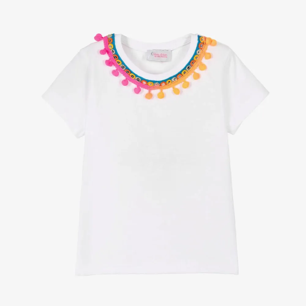 Selini Action Tops*White Cotton Pom-Pom T-Shirt