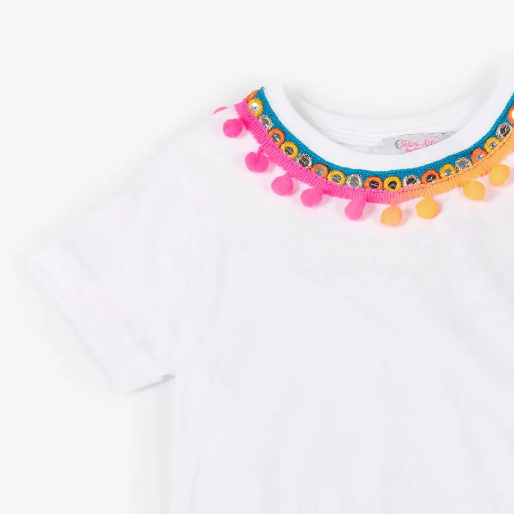 Selini Action Tops*White Cotton Pom-Pom T-Shirt