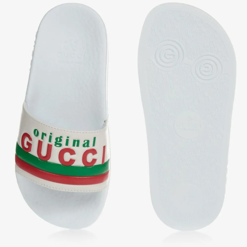 Gucci Sliders|Sliders*White Leather Logo Sliders