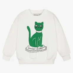 Mini Rodini Tops*White Organic Cotton Cat Print Sweatshirt