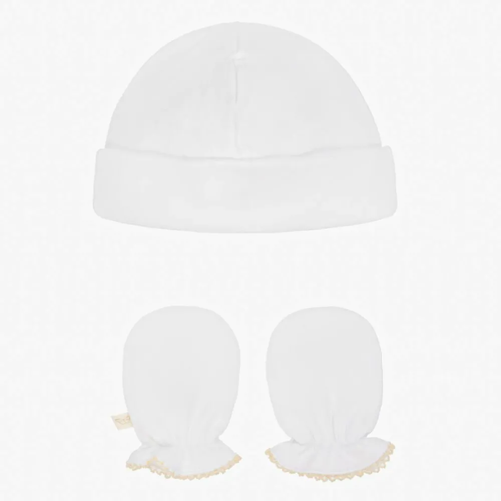 Marie-Chantal Hats|Hats*White Pima Cotton Baby Hat & Mittens Set